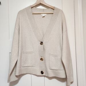 H&M Women’s Beige Knit Cardigan Sweater Small V-Neck Pockets Tortoise Buttons